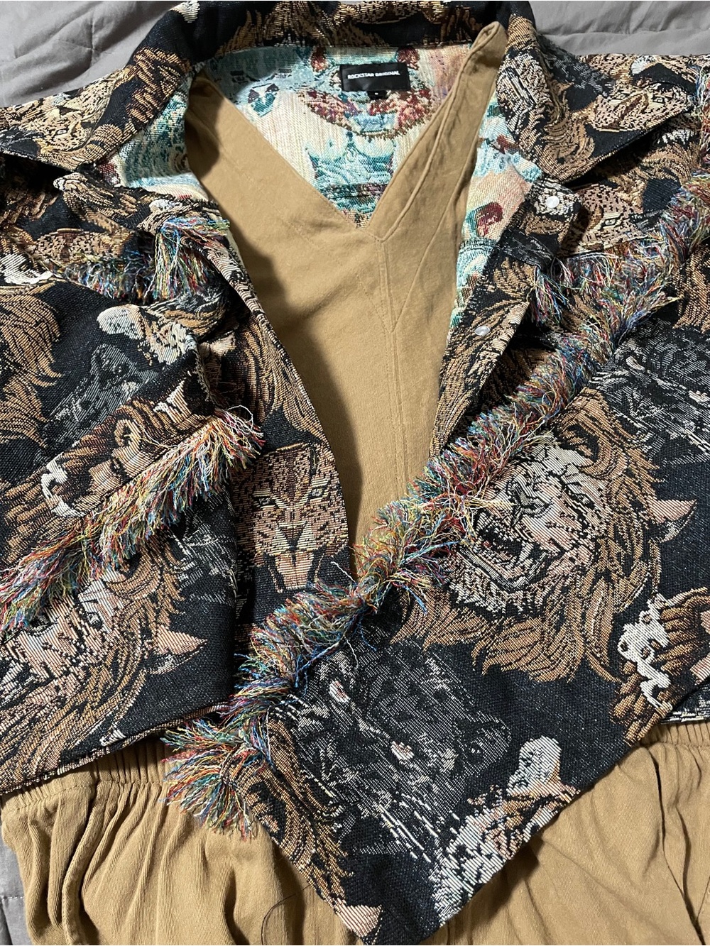 Rockstar Original Tapestry jean jacket w/lions/fringe size L/ATM jumpsuit womens